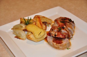 VinoCotto marinated Pork Fillet, Roasted Apple, Fennel and Sweet Potatoes