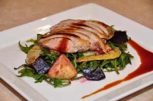 Roast Duck with Beetroot Grilled Pear and Vino Cotto salad